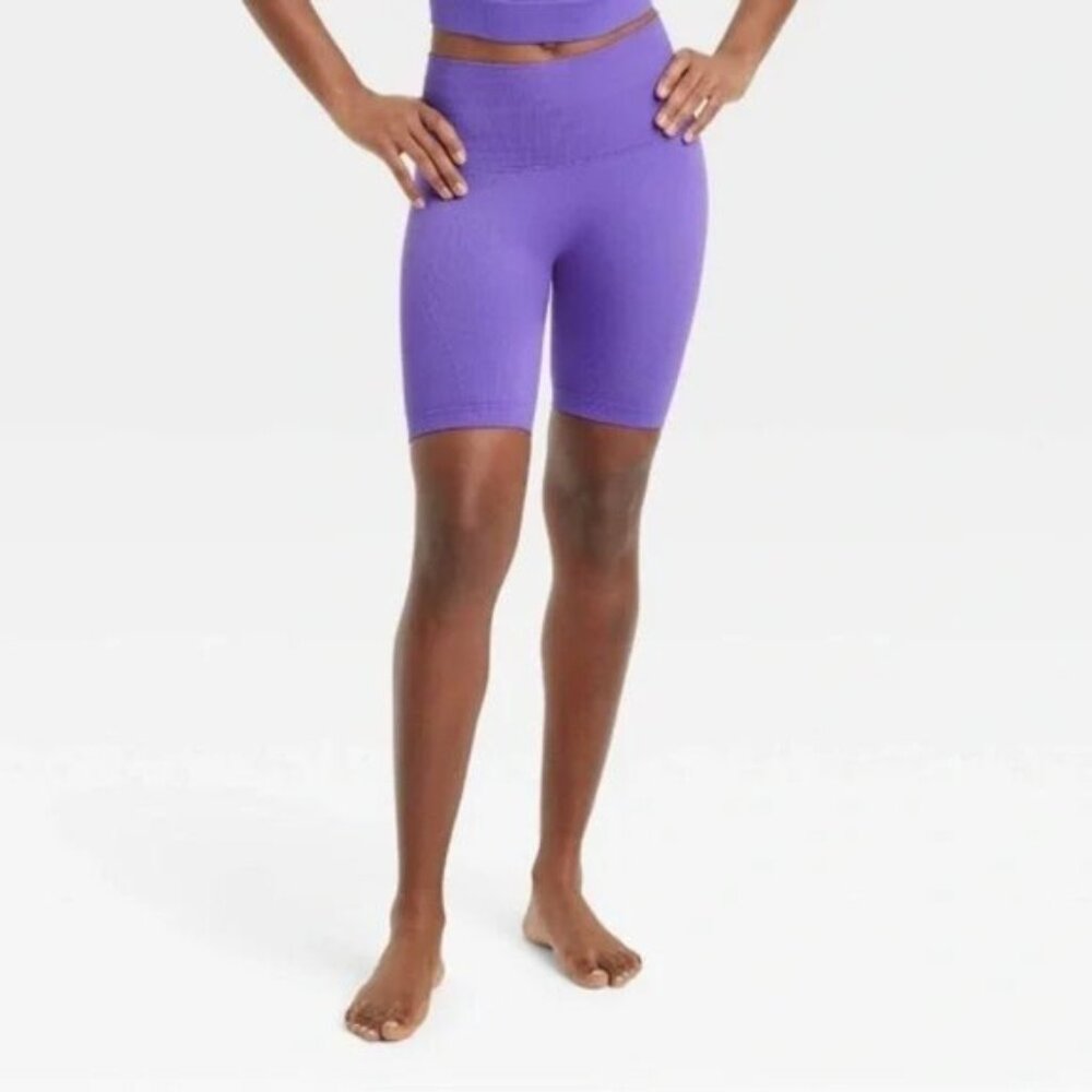 All in Motion Athletic Bike Shorts Womens Ribbed Purple Stretch High Rise